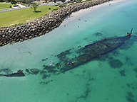 Aerial shot of Omeo wreck and dive trail